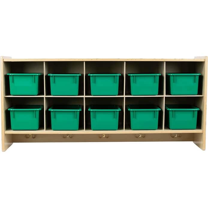 RRI Goods 10 Section Wall Mount Classroom Storage Organizer, Cubby Shelving with Trays and Hooks