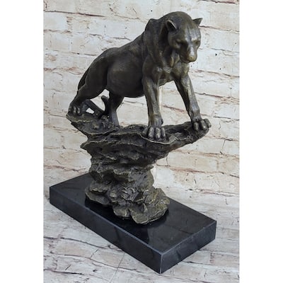 Puma Cougar Lioness Mountain Lion Standing On Rock Bronze Sculpture Statue Marble Base