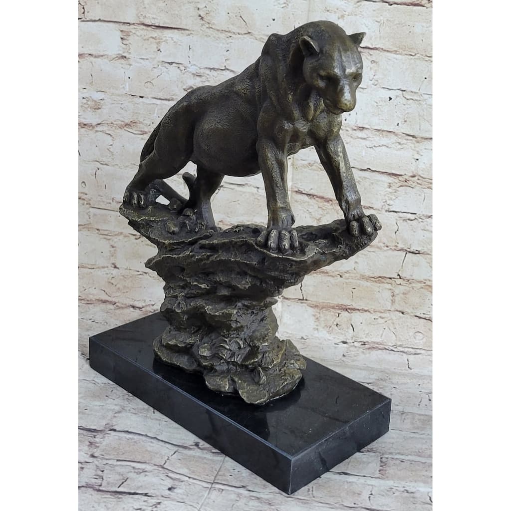 Puma Cougar Lioness Mountain Lion Standing On Rock Bronze Sculpture Statue Marble Base