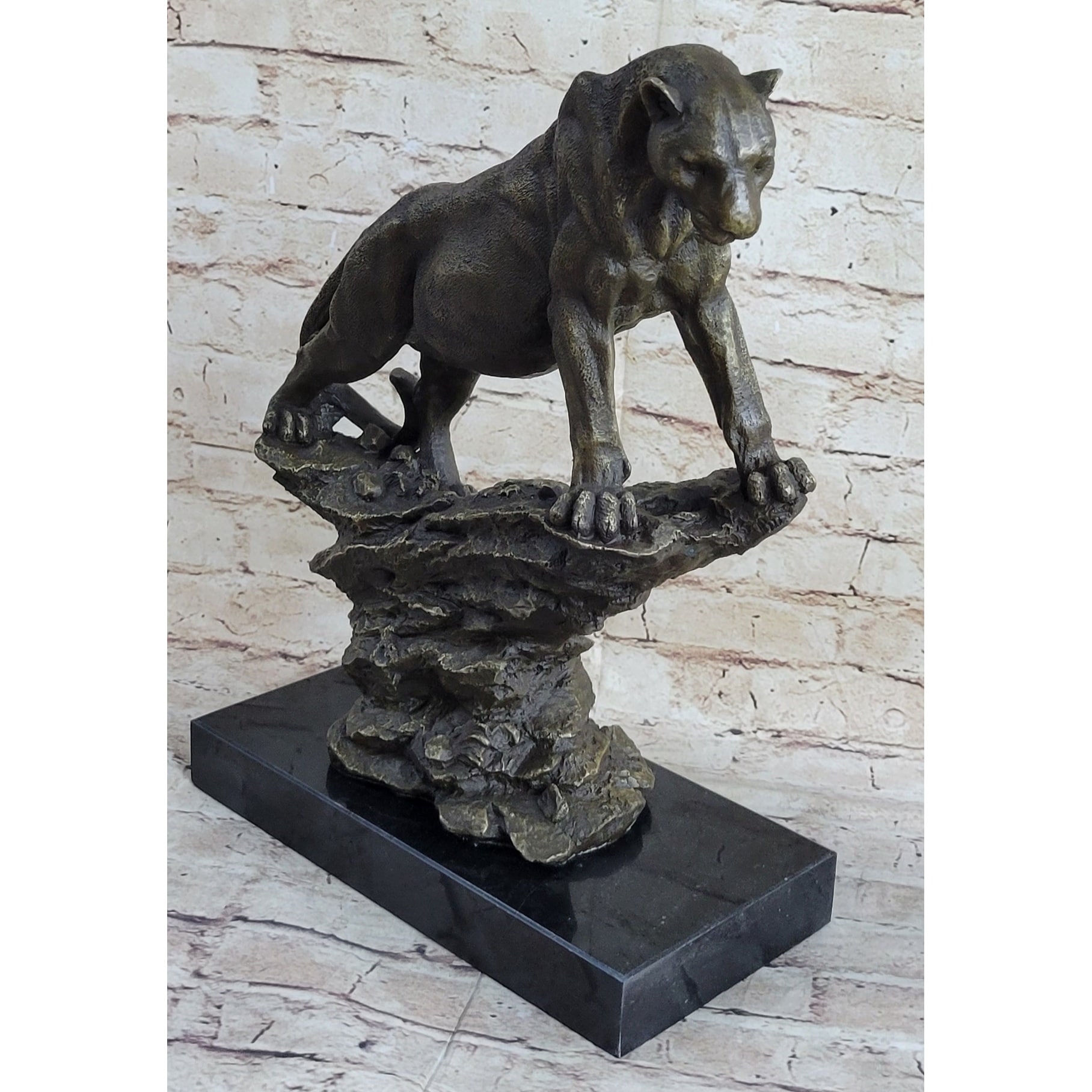 Puma Cougar Lioness Mountain Lion Standing On Rock Bronze Sculpture Statue Marble Base