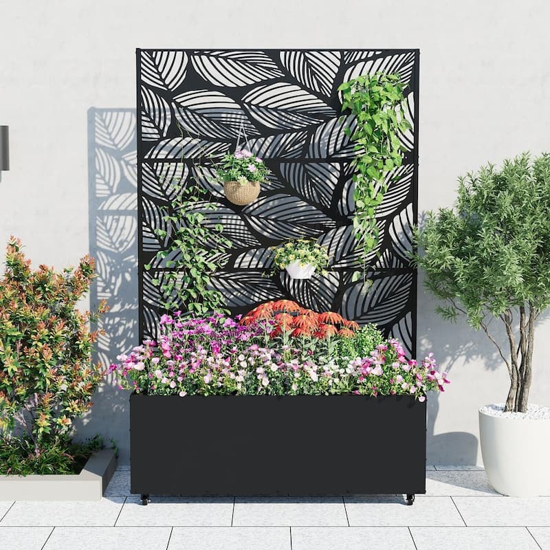 Metal Privacy Screen Planter Box, Raised Garden Bed for Climbing Plants, Veggies, Birch Leaf Style With Wheels - Black