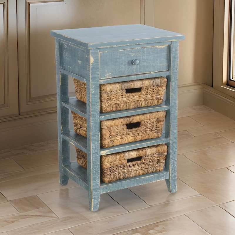 Rena End Table, 3 Natural Rattan Storage Baskets, 20 Inch Green Wood