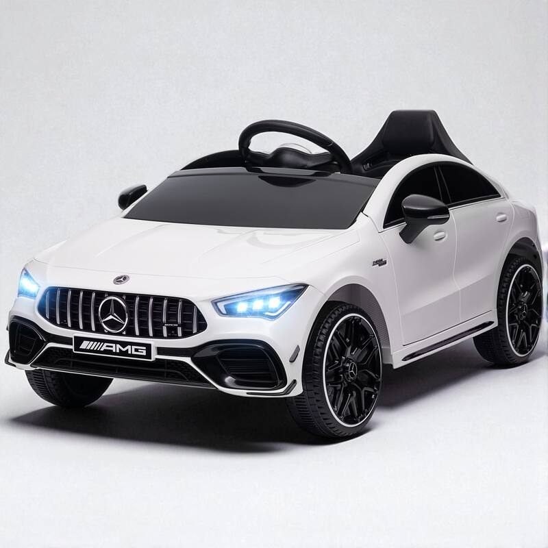 12V Mercedes-Benz AMG CLA 45 Kids Ride-On Car, Remote Control, LED Lights, Spring Suspension, Music Horn - White
