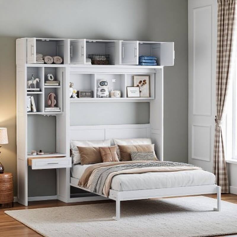 Queen Size Solid Wood Murphy Bed with Built-In Desk, Cabinets & Shelves, Foldable Wall Bed, Multifunctional Storage - Queen White - Queen