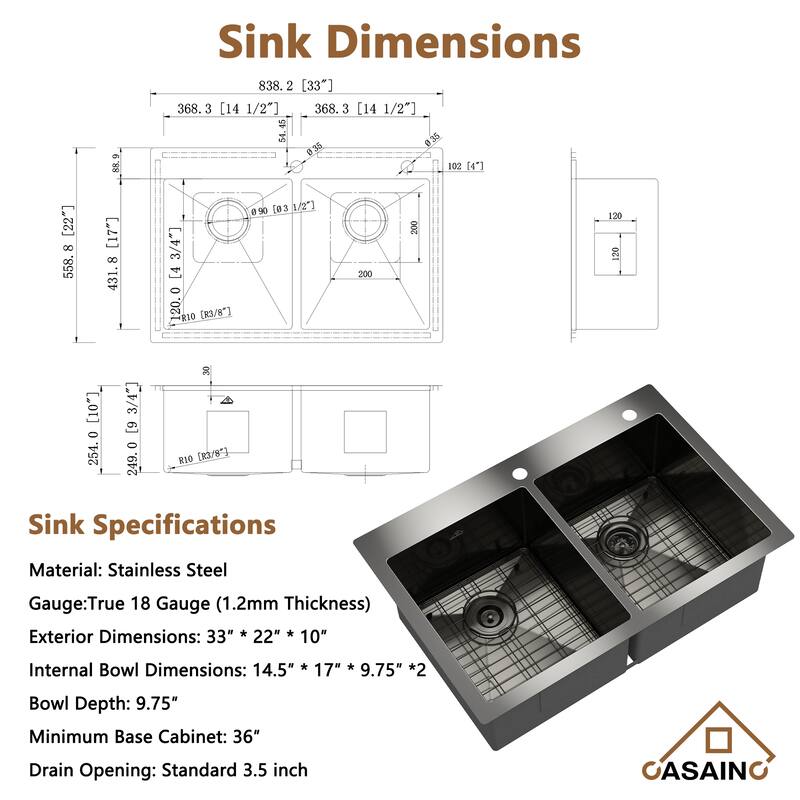 Handmade DropIn 2Hole 50/50 Double Bowl 18 Gauge Stainless Steel