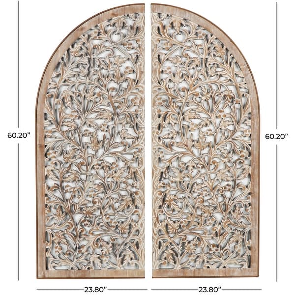 dimension image slide 1 of 2, Brown Wooden Handmade Arched Floral Wall Decor with Intricate Carvings (Set of 2)
