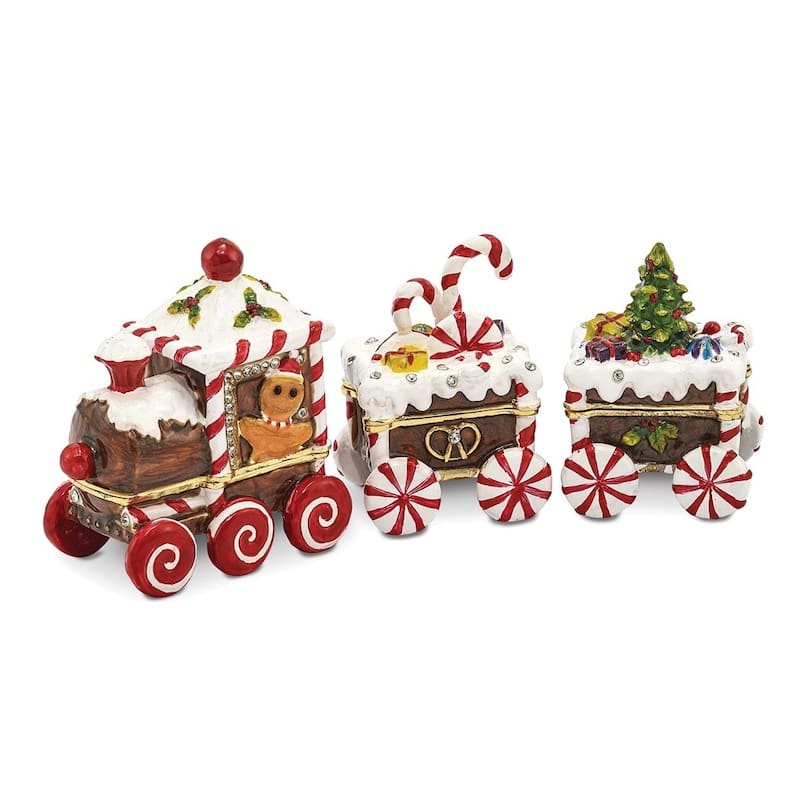 Curata Pewter Bejeweled Crystals Gold-Tone Enameled Candy Cane Train Trinket Box on 18 Inch Necklace
