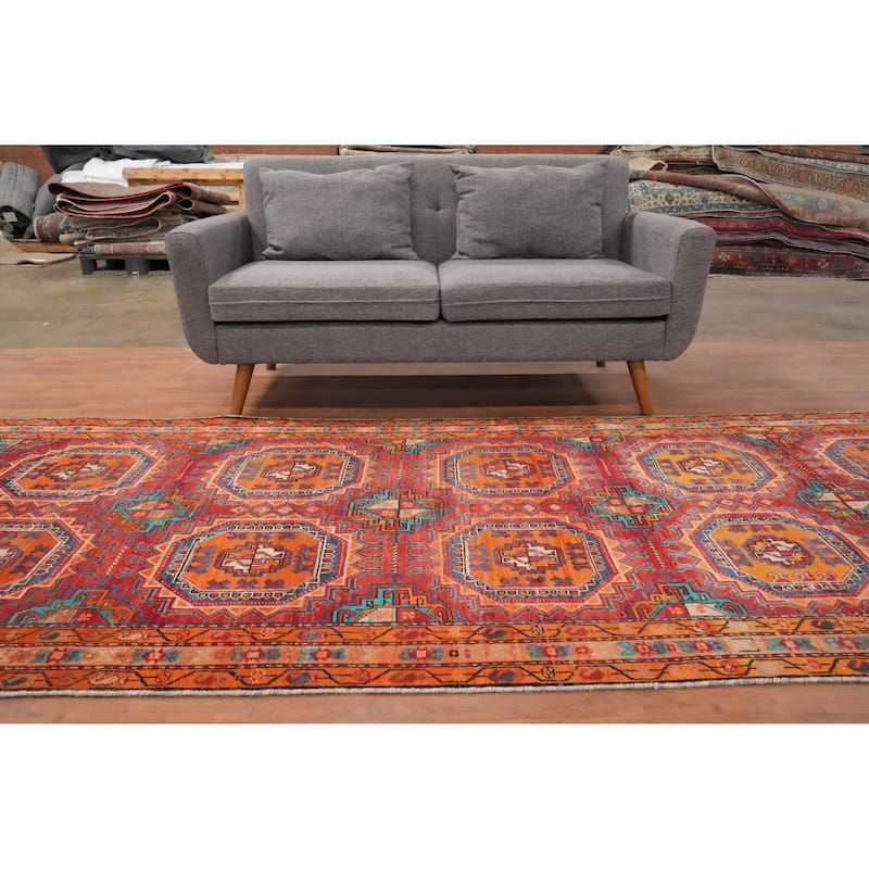 Hand Knotted Oriental 100% Wool Carpet Traditional Geometric Oranges & Rust Meshkin Runner Rug - 10' 10'' X 4' 3''