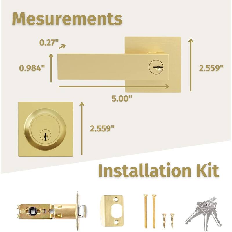 Mega Handles ROBELL Square Entry Lever and Deadbolt Combo | Front Door Lock Set | Modern Stainless Steel | Keyed Door Lever