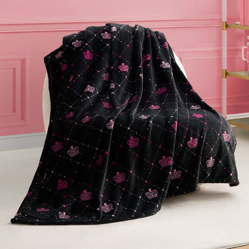 Juicy Couture Printed Plush Throw Blankets - Black/Hot Pink/Pink - 50"x70"