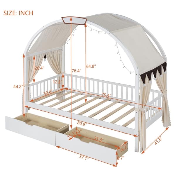 dimension image slide 2 of 3, Pinewood Ground-Level Twin Size Canopy Bed with Arched Canopy,Tent,Light Strip and Two Drawers