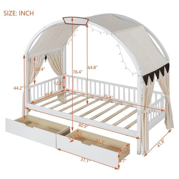 dimension image slide 2 of 3, Wooden Twin Size Bed With Arched Roof and 2 Drawers