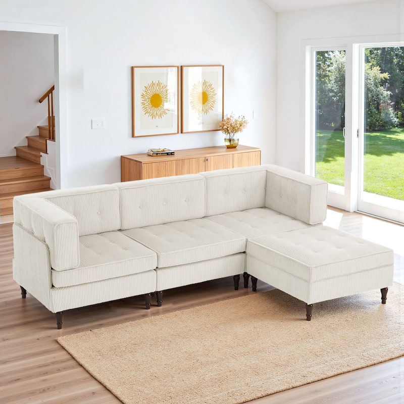 4-Piece 98" W Upholstered Modular Corduroy Sectional Sofa - Beige
