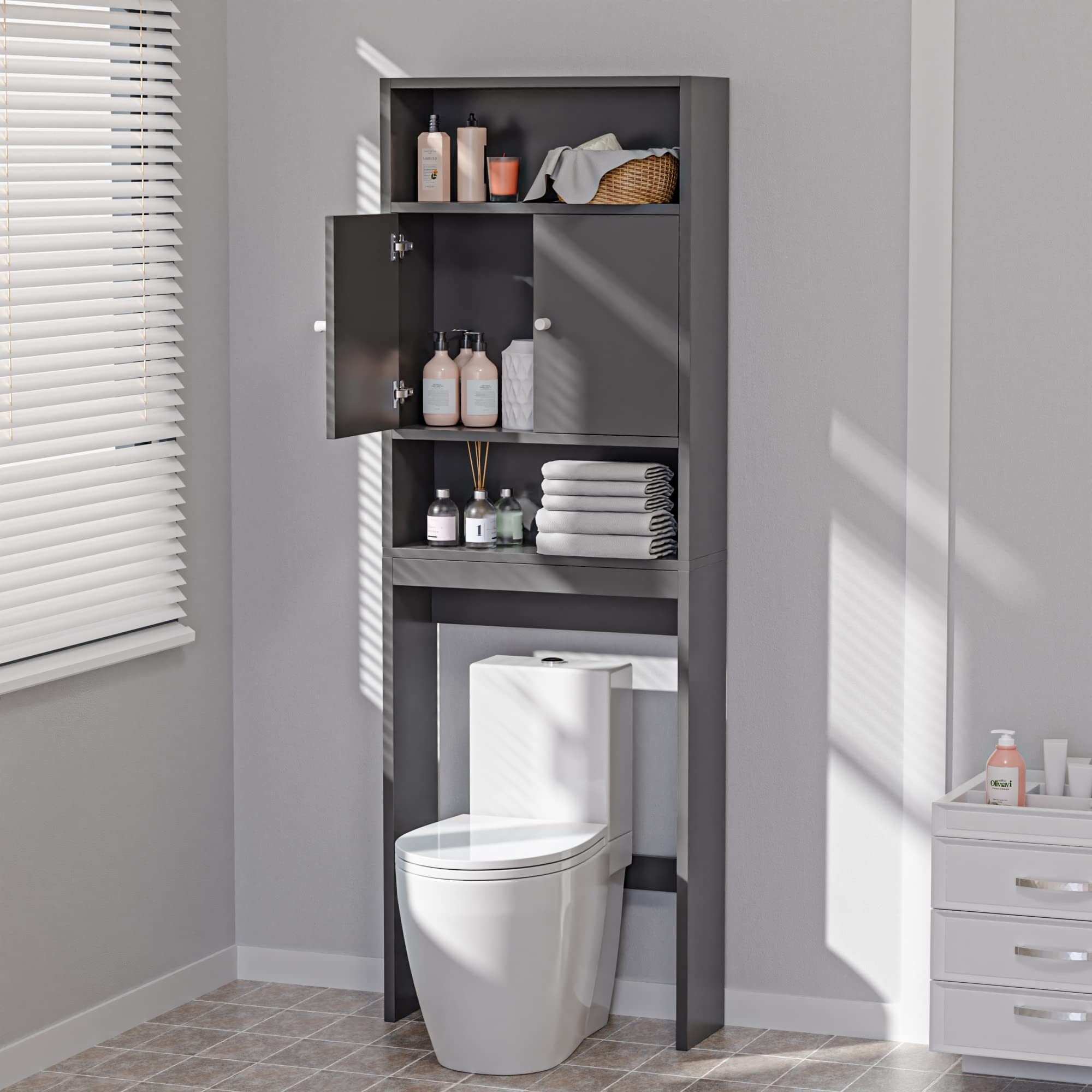 Over The Toilet Storage Cabinet, Double Door Bathroom Organizer w/ Shelf,  Grey