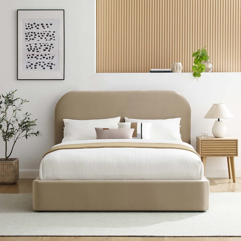 Keynote Performance Velvet Curved Queen Platform Bed - Queen - Taupe