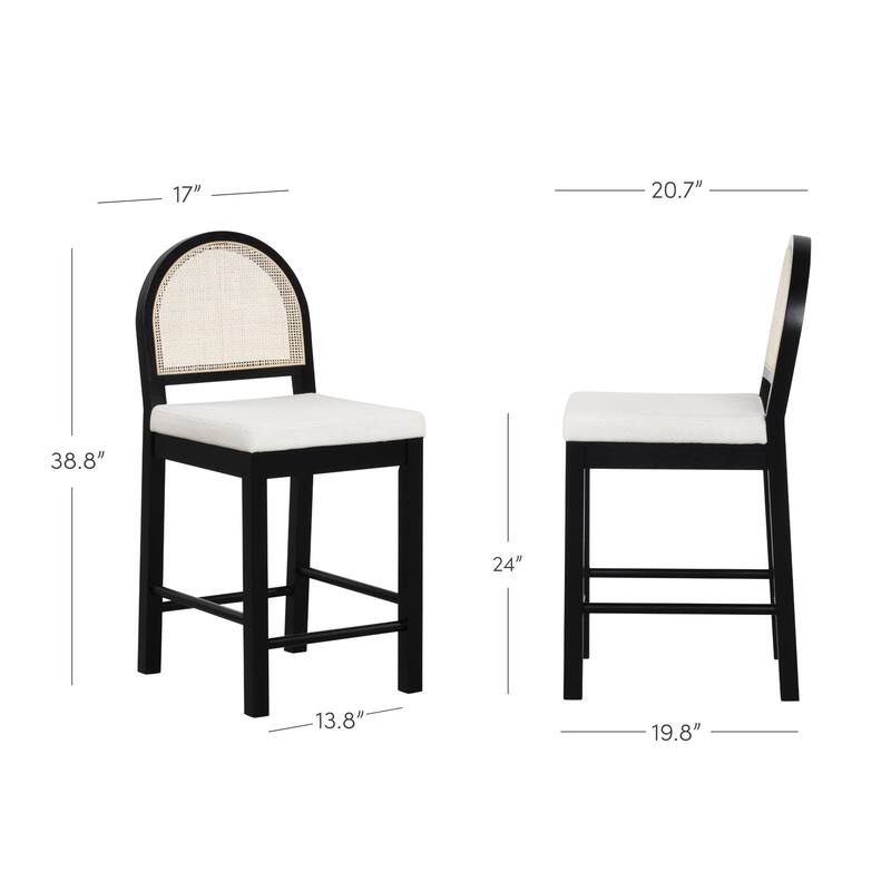 Bailey Boucle Upholstered Rattan Bar Stool or Counter Height Stool with Natural Rattan Woven Back For Kitchen Island