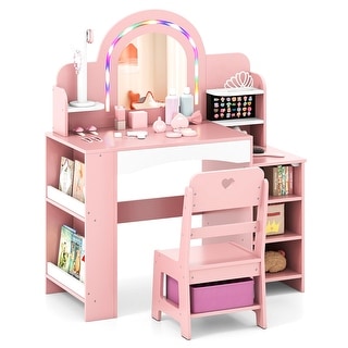 Gymax Kids Vanity Desk w/Mirror & Lights Princess Pretend Play Makeup