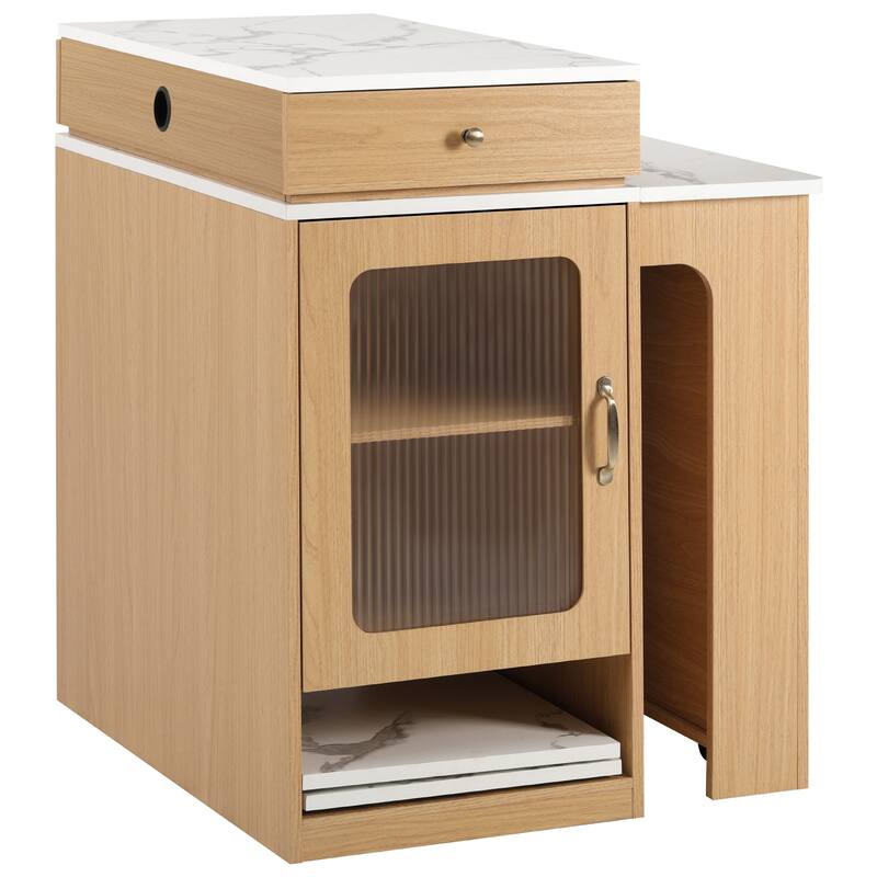 Kitchen Island with Extendable Dining Table, Kitchen Storage Table with 2 Drawers, Power Outlet, Open Shelves, for Diningroom
