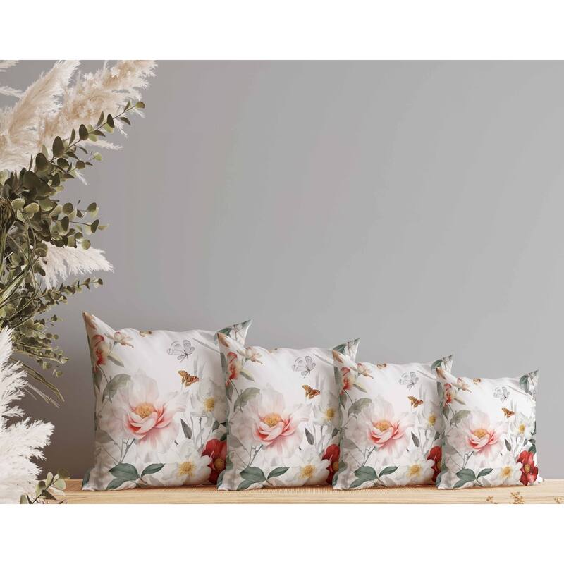 Leafy Lepidoptera Medley Faux Suede Reversible Throw Pillow White and Red