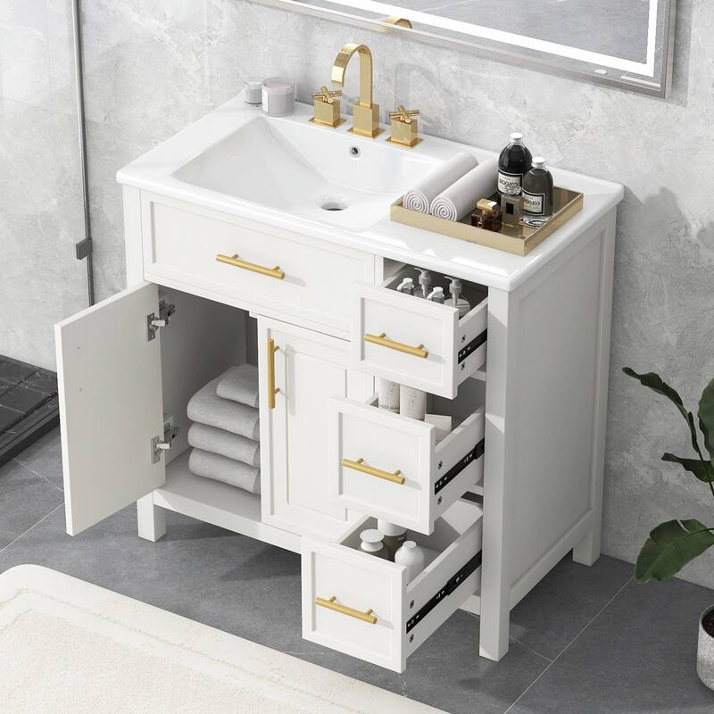 36" Bathroom Vanity with Sink Top, Cabinet with Two Doors and Three Drawers - White