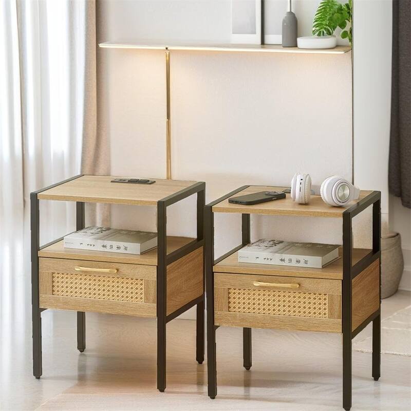 Modern Nightstand with Power Outlet and USB Ports(Set of 2)