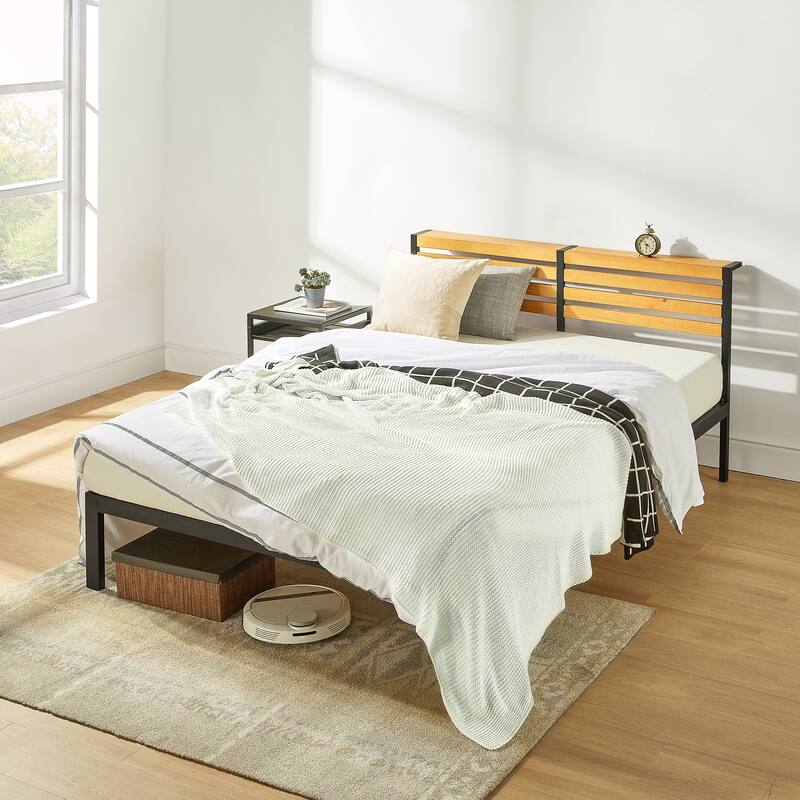KASI Metal Platform Bed with Pine Wood Headboard Shelf By Crown Comfort