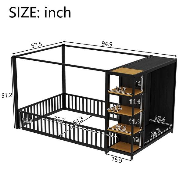 Safety Design Metal Frame Floor Bed with Wardrobe, Many Storage Shelves, Full Size, Black