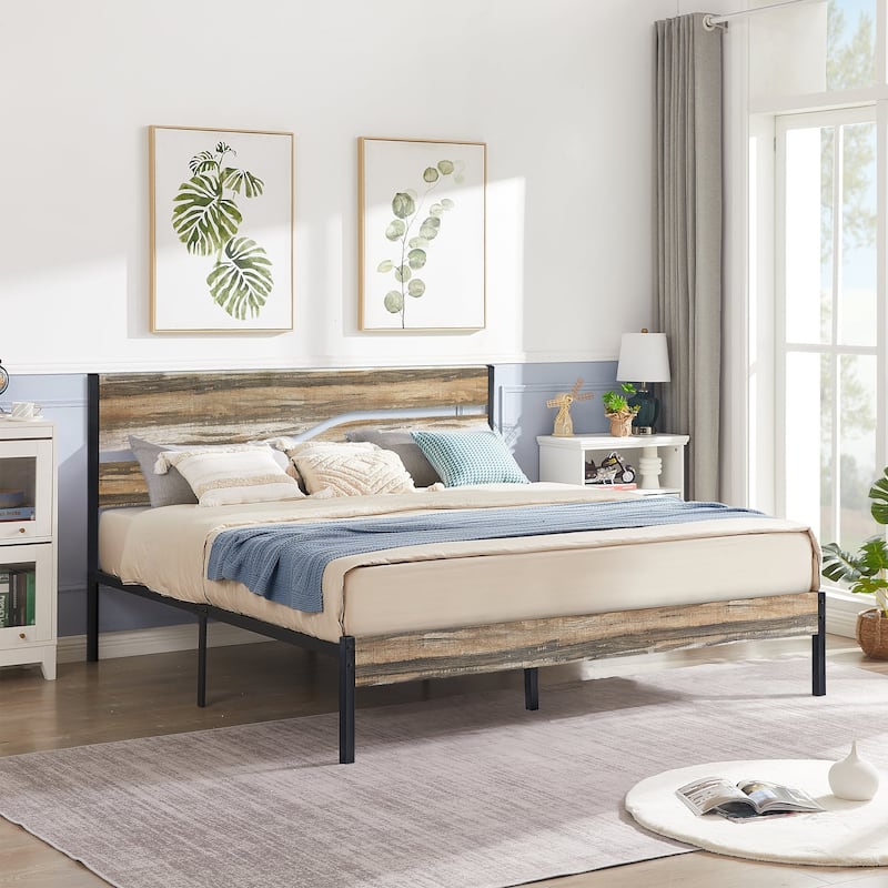 VECELO Beds Industrial Platform Bed Frame with Wood Headboard,Easy Set up - Slate - Full