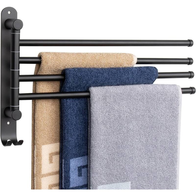 4-Arm Rust-Proof Swivel Towel Rack, 304 Stainless Steel with Hooks for Bathroom, Kitchen - Black