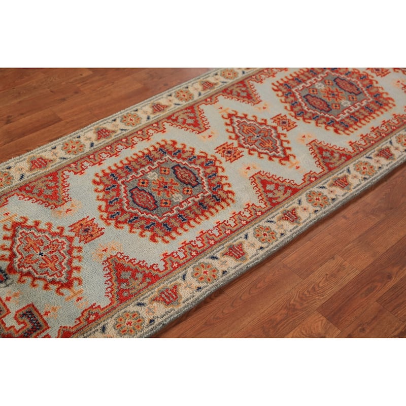 Geometric Viss Indian Runner Rug Hand-Knotted Beige Wool Carpet - 2'6"x 7'11"