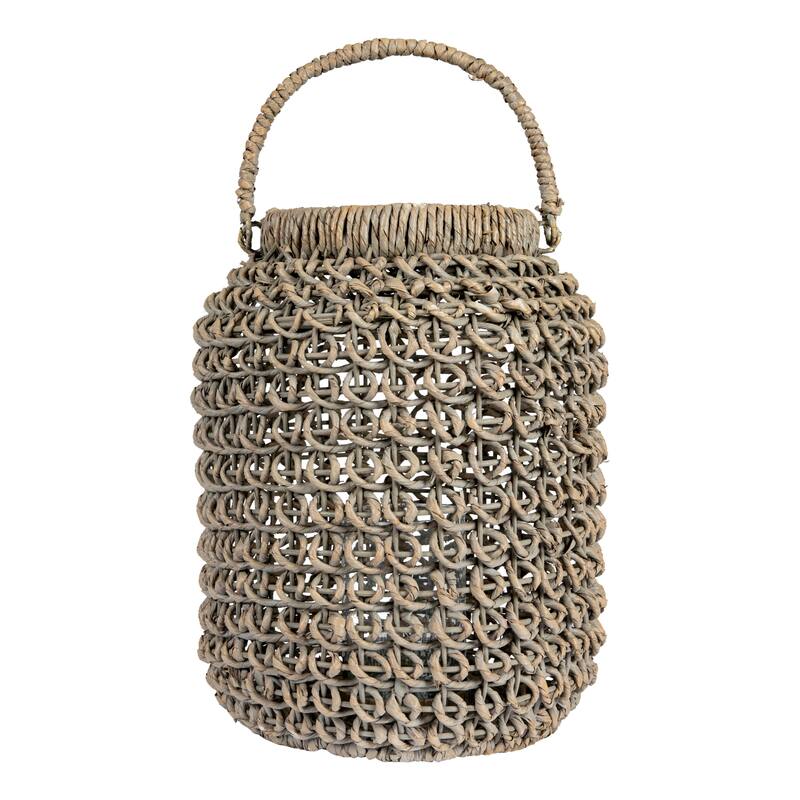 Whitewashed Woven Water Hyacinth Lantern with Glass Insert