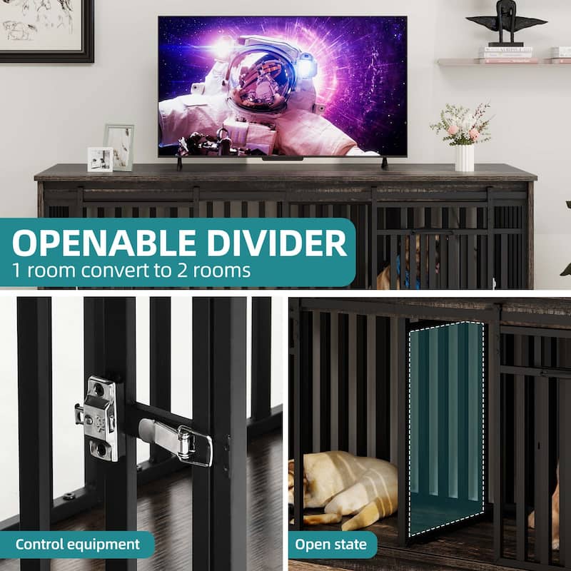 71" Large Double Dog Crate Furniture Dog Kennel with Sliding Doors