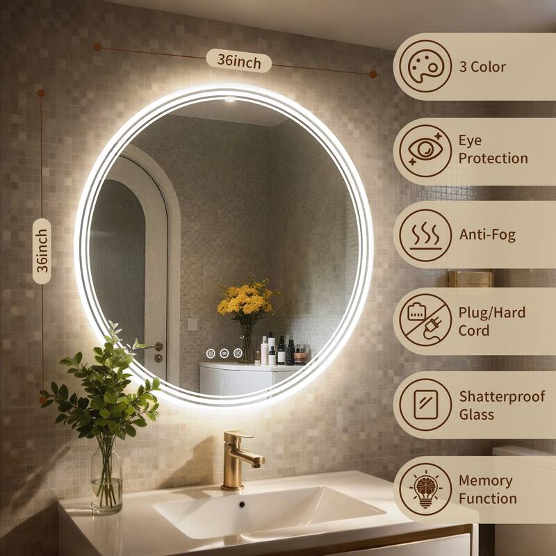 UL Certified Round Frameless Wall Mounted Anti Fog LED Bathroom Vanity Mirror, 3-Color Dimmable, HD Tempered Glass
