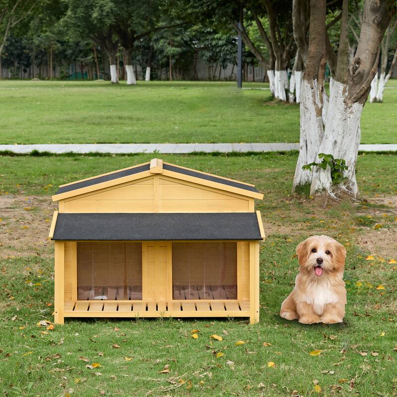 Wooden Waterproof Dog Cage Kennel with Porch & 2 Doors - Natural