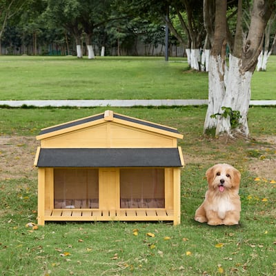Wooden Waterproof Dog Cage Kennel with Porch & 2 Doors