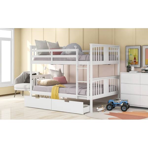 slide 2 of 12, Full Bunk Bed with Drawers & Ladder - Solid Pine Wood Construction White - Full