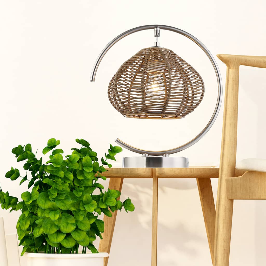 Gwendolyn River of Goods Tan Metal and Rattan Geometric Table Lamp - 12.625" x 9" x 13.75"
