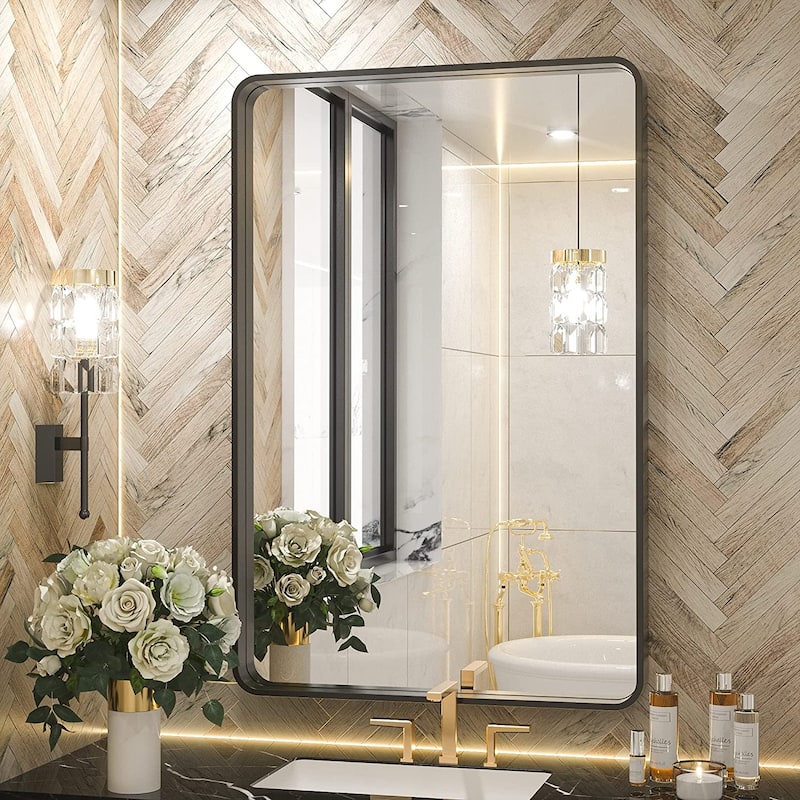 TETOTE Modern Metal Frame Wall Mounted Bathroom Vanity Mirror - 24x36 - Black