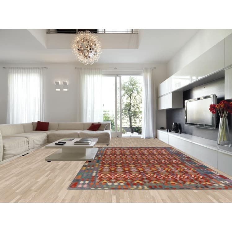 Geometric Kilim Oriental Large Rug Flatweave Dining Room Wool Carpet - 9'10"x 16'1"