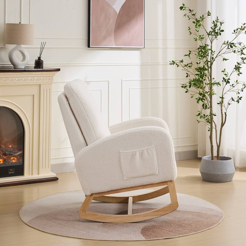 27.2"W Rocking Chair, Polyester Glider Chair with High Back and Side Pocket, Rocking Accent Armchair with Rubber Wood Legs