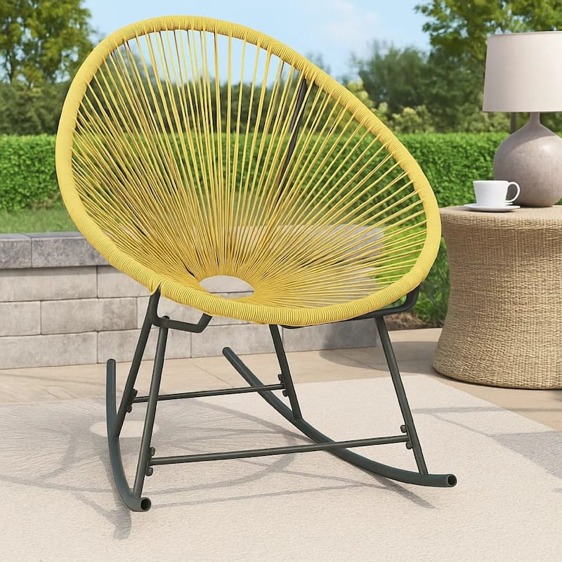 Jackie Rocking Acapulco Chair, Beige Poly Rattan, Powder Coated Steel