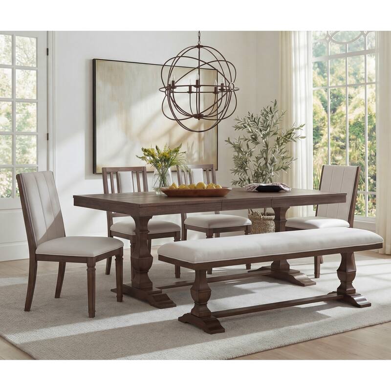 6-pieces Farmhouse Dining Table for 6, 74.8" Kitchen Table Set with 4 Chairs and Bench, Solid Wood Legs and Cushion Seat - Bench & ChairCD