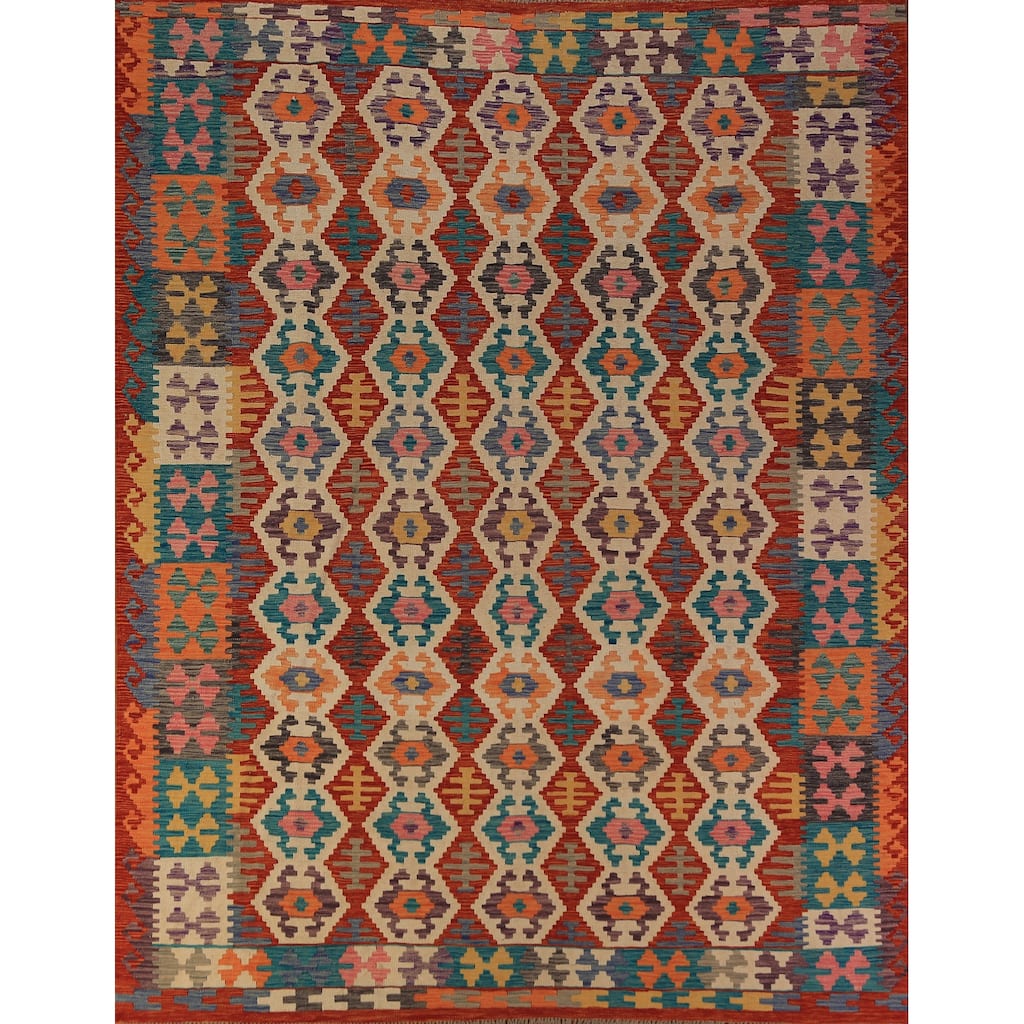 South Western Style Kilim Oriental Area Rug Flatweave Wool Carpet - 8'1"x 9'10"