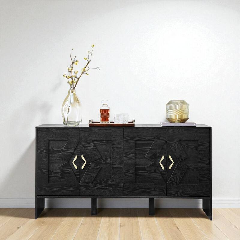 60" Mid Century Sideboard Buffet Cabinet with Geometric Pattern, Adjustable Shelves & Outlet Holes for Entryway - Black
