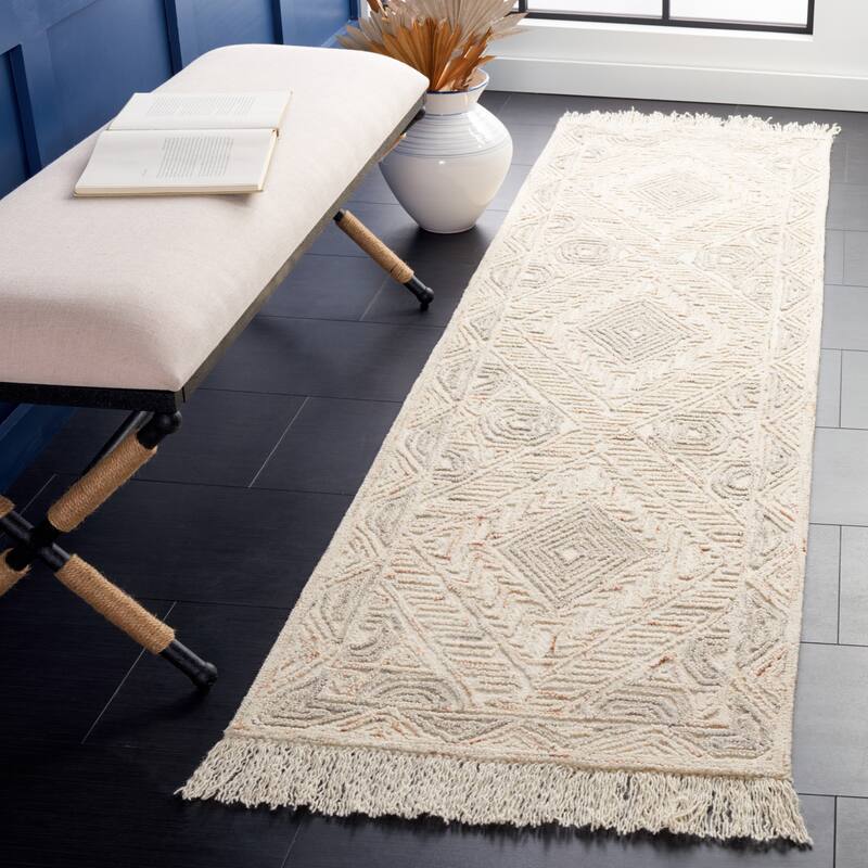 SAFAVIEH Handmade Ikat Raimunde Wool Rug - 2'3" x 8' Runner - Ivory/Grey