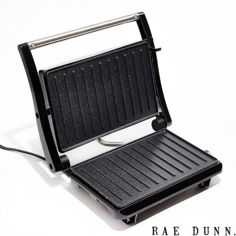 Rae Dunn Panini Maker 750 Watt 2-Slice Press Grill with Indicator Lights Opens 180 Degrees Double Sided Heating Non-stick