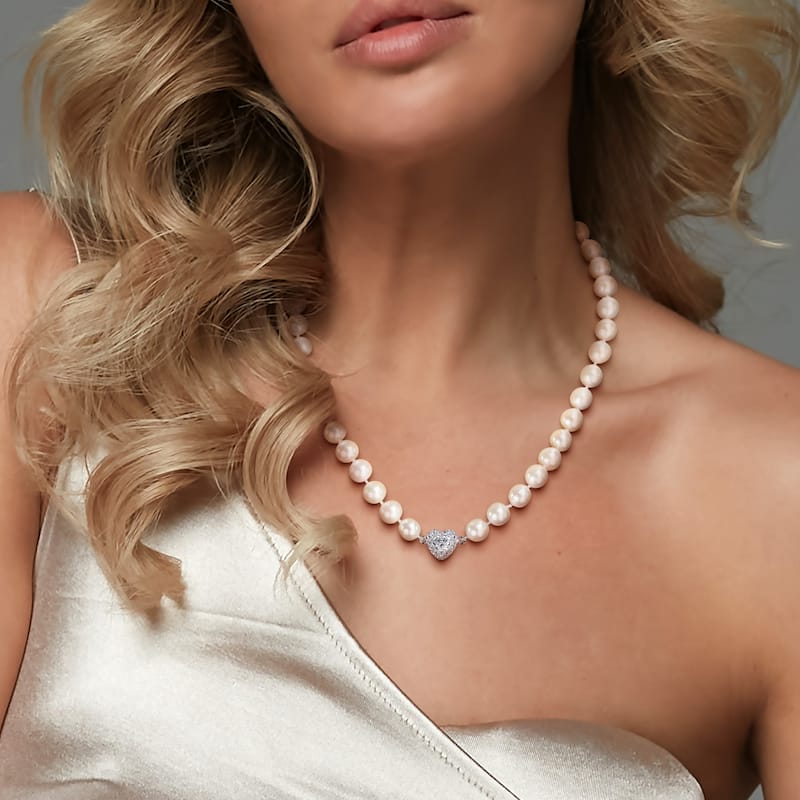 Miadora Cultured Freshwater Edison Pearl Necklace 3/4ct TGW Created White Sapphire in Sterling Silver