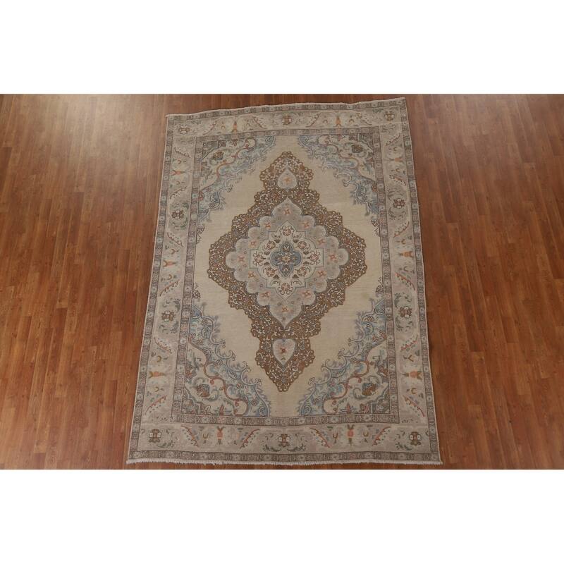 Vintage Medallion Distressed Tabriz Persian Rug Handmade Wool Carpet - 6'6" x 9'6"