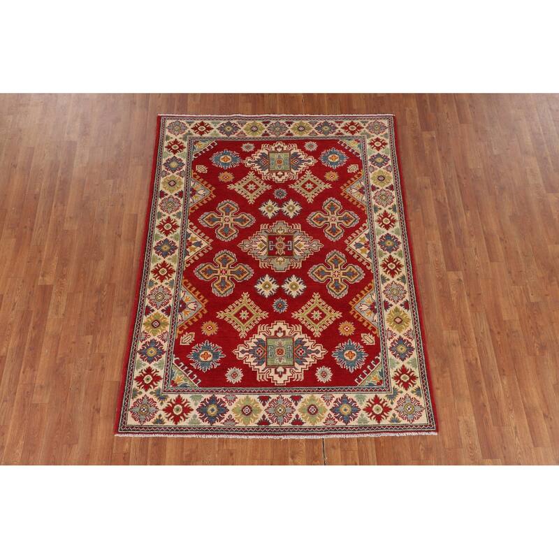 Geometric Red Kazak Oriental Area Rug Bedroom Hand-Knotted Wool Carpet - 5'1" x 6'7"