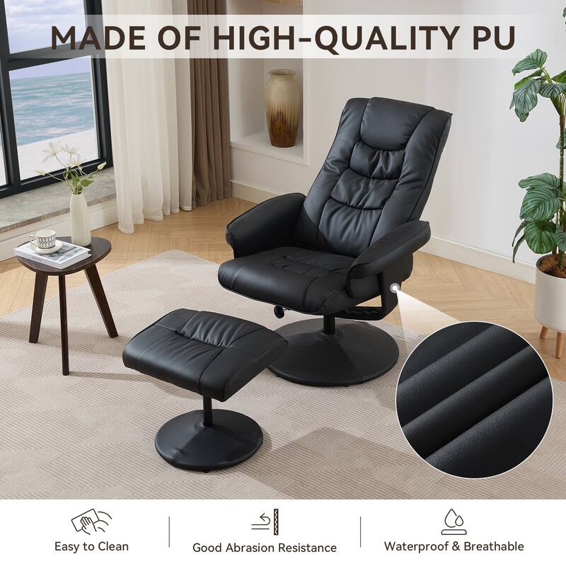Massage Heated Lounge Chair 360° Swivel Recliner Chair Adjustable PU Leather Seat with Ottoman and 5 Point Vibration